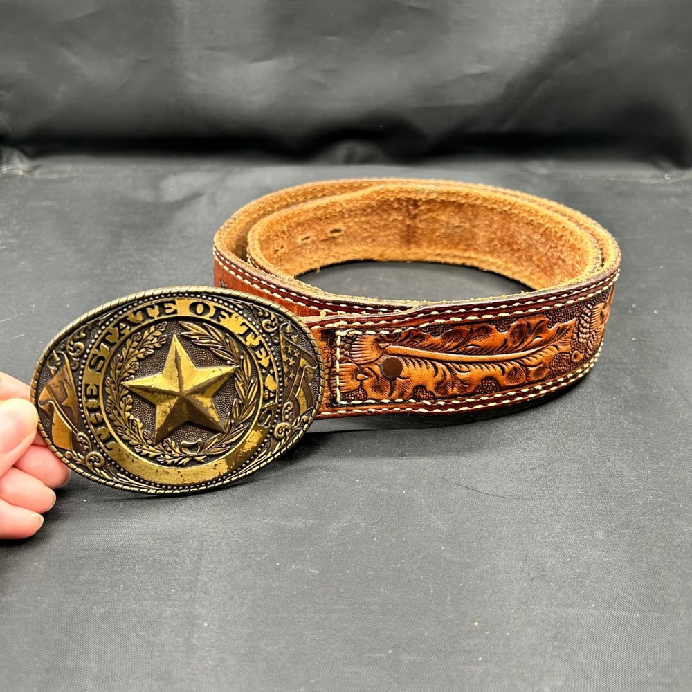 VTG Tony Llama Tooled Leather Belt State of Texas Buckle Western USA Men Size 36 - Picture 1 of 7